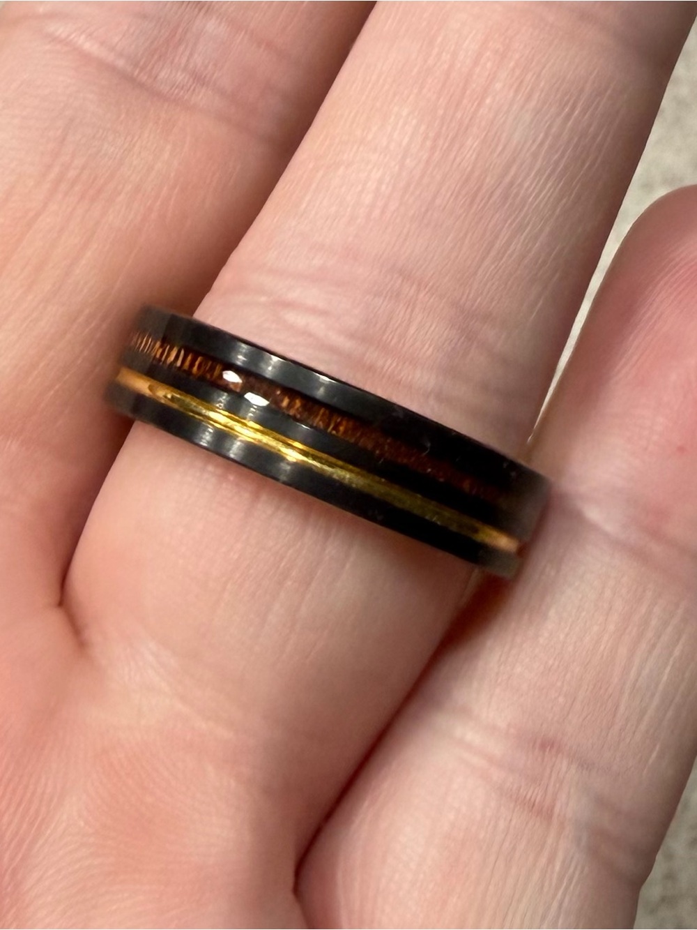 Men's Black Ring with Gold Accent and Wood Inlay - Sleek Band